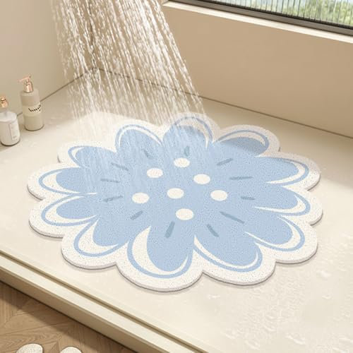 Runde Duschmatte, Blumen-Badematte für Innendusche, PVC-Luffa-Badezimmer-Bodenmatte, rutschfeste Badematte, Anti-Schimmel-Duschmatte mit Abfluss, schnell trocknend (Marineblau, 50 x 50 cm)