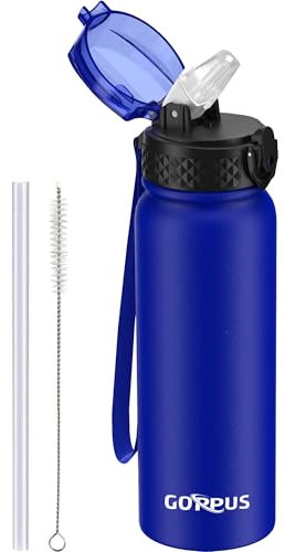 GOPPUS 600ml/20oz Stainless Water Bottle with Straw Double Wall Insulated Bottles with Strap Reusable Vacuum Thermal Flask Leakproof Keep Cold Drinks Bottles with Flip Top Lid for Men Women BPA Free