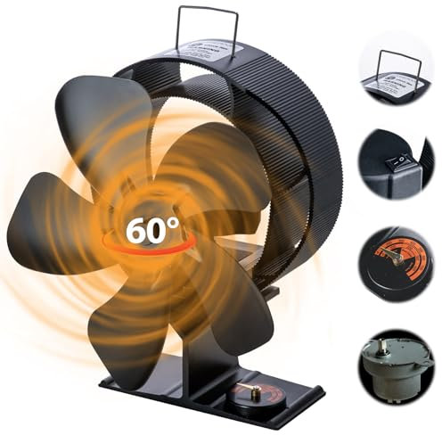 CHANGEMOORE 5 Blättern Kaminventilator Ofenventilator, Metallmotor Wärmebetriebener Ventilator für Holzofen, ohne Strom und leisen Betrieb, mit Thermometer, 60° Schwung