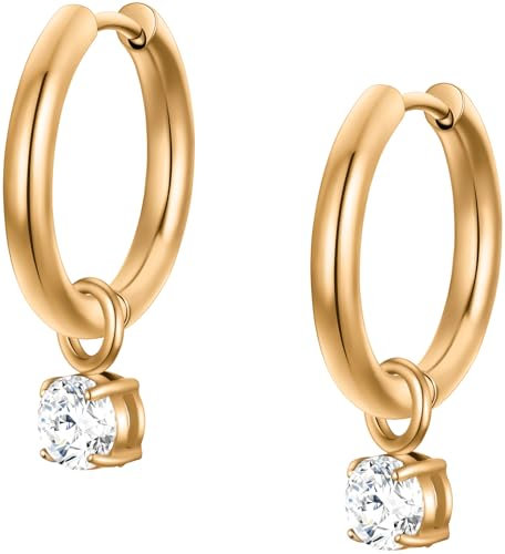 day.berlin Damen Ohrringe Creolen Fiona in Gold 18k vergoldet, 16mm Durchmesser mit Zirkonia Kristall Anhänger (5mm), Ohrhänger aus 316L Edelstahl, nickelfrei und wasserfest