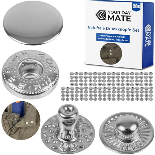 Näh-freie Druckknöpfe, Ø 10 mm, 20 Paare, in Silber, Set ohne Werkzeug, Stoffclips für DIY, Druckknopf mit Ringfeder Verschluss, Reparatur Metall Knöpfe, Ersatz Knopf Nähzubehör, Ringfederdruckknopf