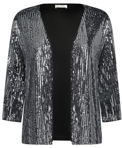 GRACE KARIN Damen kurz Leicht Jacke Mantel Pailletten-Cardigan Business Casual Cropped Pailletten-Cardiganjacke Open Front 3/4 Ärmel Strickjacke Cardigan XL Silber auf Schwarz