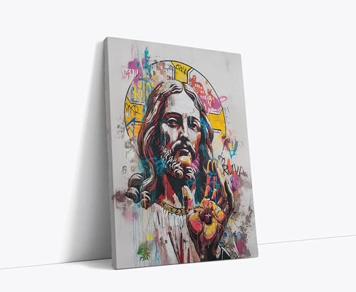 AKINDA Art Gallery - Quadro Moderno 60 x 80 cm - Gesù con Graffiti - Graffiti Colorati - Street Art - Arredo Casa - Religione - Idea Regalo per Arredo Casa