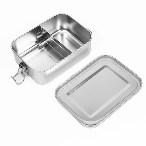 PCXWTLN Stainless Steel Lunch Box, 850ml Bento Box with 1 Removable Compartments, Eco-Friendly Metal Lunch Box, Food Storage Containers, Leak-Proof and Dishwasher Safe (850ml + 1 Compartments)