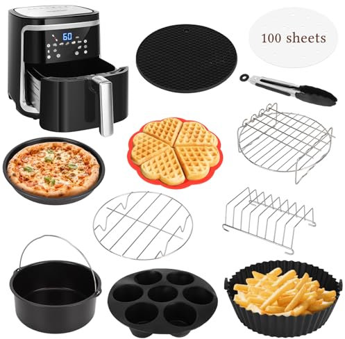 Accesorios freidora de aire, 12 Piezas Airfryer Accesorios Molde Silicona freidora de aire con gofres, Bandeja pizza, Parrilla, Sin BPA, für Aigostar COSORI Cecotec Ninja Philips 5,5L 6L 6,2L 6,5L