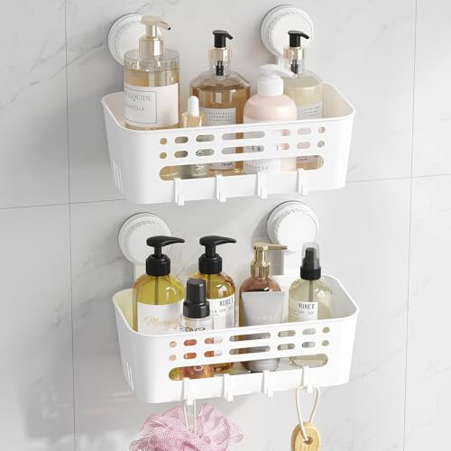Lifewit Saugnapf Badregal, Duschablage Ohne Bohren, Kunststoff Bad Duschablage mit 4 Haken Duschregal Abnehmbar für Shampoo Conditioner Halter Duschkorb für Badezimmer Küche Organizer, 2 Stück