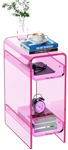 Dewrhiixe Beistelltisch aus transparentem Acryl, schmal, schmaler Beistelltisch für kleine Räume, schmaler Nachttisch, Nachttisch für Schlafzimmer, Wohnzimmer, Büro (Rosa, 22×40×55cm)