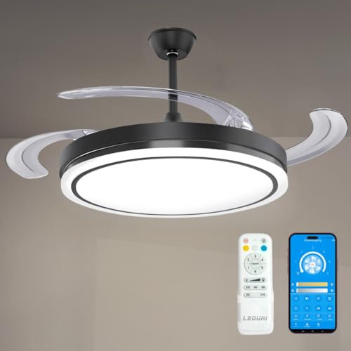 Casa Shop Ventilador techo con luz 66W Ventilador Invisible Ultra Silencioso con Mando a Distancia y Palas Retráctiles Interiores Plafón lluminación función verano-invierno (Negro)