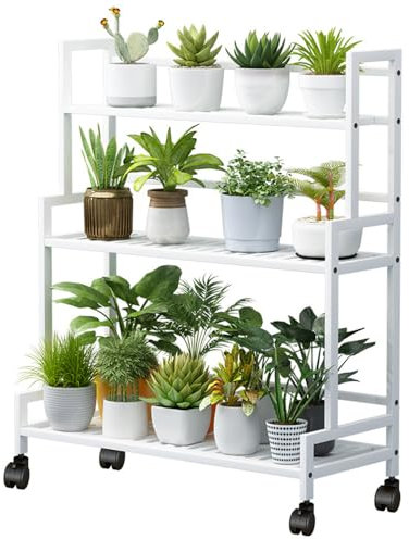 AFKSMILE Pflanzenständer Blumenständer Metall, 3 Etagen Großer Kapazität Pflanzenregal mit 4 Rollen, Multifunktionales Blumenregal für Outdoor Indoor Balkon, Garten, Wohnzimmer (Weiß)