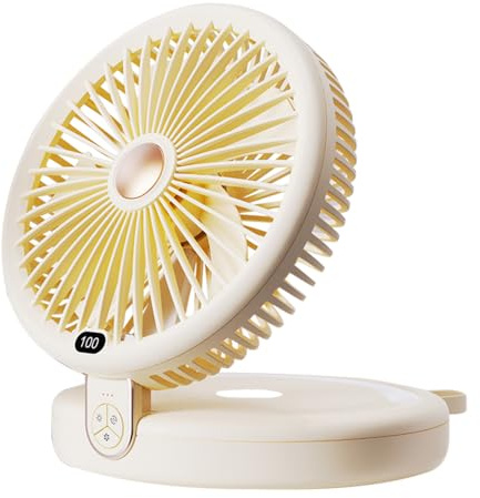 Sungive 2-in-1 Tischventilator, 5 Blätter, 6 Geschwindigkeiten, faltbar, mit Haken, USB 4000mAh, 3-stufige LED, 120° Oszillation, 90° Neigung, 15 Stunden Autonomie, praktisch.(Beige)