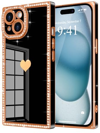 Urarssa Glitter for iPhone 15 Plus/for iPhone 14 Plus Case Rectangle, Black | Bling Sparkly Case with Cute Heart Pattern for Women Girls, Full Camera Protection Glossy Soft TPU Bumper Shockproof Cover