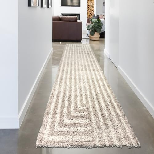 CARPETIA Teppich Hochflor Läufer Flur Diele Wohnbereich modern schmal weich pflegeleicht strapazierfähig edel stilvoll dekorativ langlebig Muster Teppich Beige 80 x 300 cm