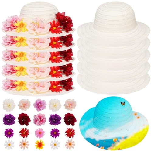 Paquete de 10 sombreros de paja con 60 flores de seda, ideales para sombreros de fiesta de té personalizados, sombreros de vaquero con flores artificiales