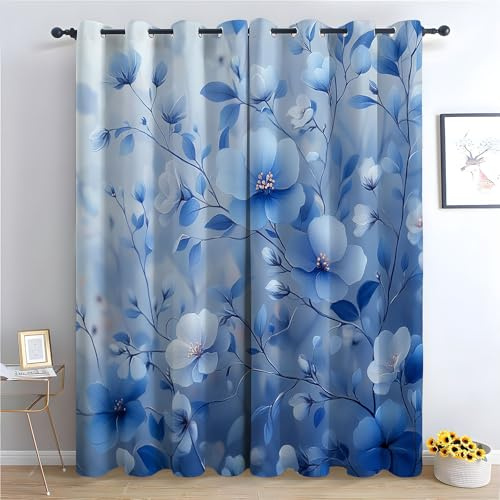TZKRWRH Blickdicht Gardinen Blumen Vorhang Blau Blumen Vintage Muster Verdunkelungsvorhang Landhaus Polyester Ösenschal für Schlafzimmer Wohnzimmer-H180 x B100 cm (2er Pack)