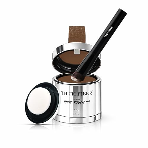 THICK FIBER Root Touch Up & Hairline Powder with Brush (LARGE 10g) – Covers Grey Roots, Thinning Hair & Bald Spots – Sweat & Water Resistant Hair Concealer for Women & Men (Light Brown)
