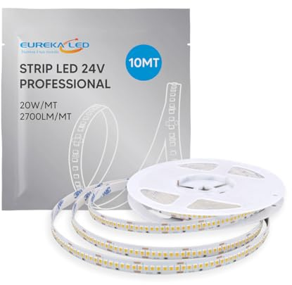 Eurekaled Striscia LED 10 metri 24V 20W/mt Luce Calda 3000K, Strip LED Alta Luminosità 200W totale 2700 lm/mt, CRI 80, IP20 da Interno, Taglio 29,5 mm – Garanzia 3 Anni