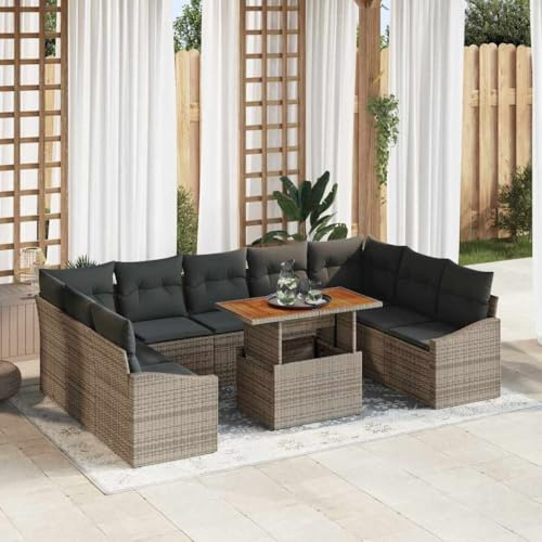 QJBSAVVA Gartenmöbel Set 10-Teilig Poly Rattan Gartengarnitur mit Stauraum 100x55x73 cm Grau Modulare Lounge Sitzgruppe für Balkon Terrasse und Garten