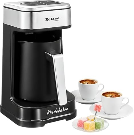Roland Germany Türkische Kaffeemaschine, 600W, Kaffeekanne, Slow COOK Technologie, 4 Tassen Kapazität, mit Kaffeemesslöffel, Doppelter Ausguss, Ton- und Lichtwarnsystem (1, Schwarz)
