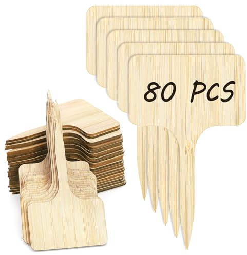 YOUEON 80 Pcs Bamboo Plant Label with Marker Pen, 10 x 6 cm T-Type Plants Tags, Waterproof Garden Markers Plant Sign Tag for Potted Herbs, Flowers, Vegetables and Others