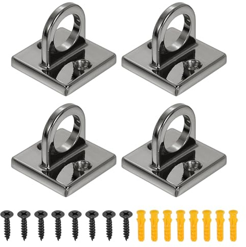 sourcing map 4 Pcs Eye Plate Hook, Zinc Alloy Metal Ceiling Hook Eye Pad Loop with 8 Screws 8 Expansion Screws for Ropes Chains Hanging Signs Barrier Lines Hanging Plants, Black