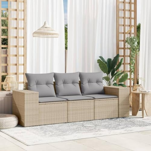KKHOMEI Gartensofa 3 Sitzer Balkon Sofa Rattan Balkon Couch Lounge Sofa Outdoor Sitzbank Balkon Lounge Klein Balkonmöbel Rattansofa Beige und Grau 3-TLG Type-1969
