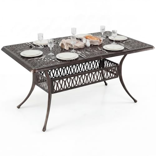 COSTWAY Table de Jardin en Fonte Aluminium, 150 x 90 x 73 CM | Table à Manger Rectangulaire Rétro pour 6-8 Personnes avec Trou Parasol Patins Réglables pour Patio Terrasse