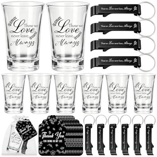 FUXIHUAYA 25 Sets Celebration of Life Favours Memorial Shot Glasses & Bottle Opener Keychains with Thank You Remembrance Tags, Funeral Wake Guest Keepsakes, Bulk Commemorative Gifts