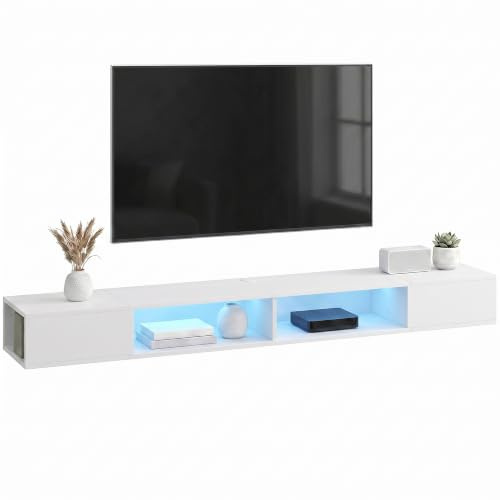 HOMCOM Mueble de TV Suspendido Luces LED para 75 Pulgadas Blanco | Mueble de TV para Salón, Estantes Abiertos, Estilo Moderno, 177,8x30x18 cm