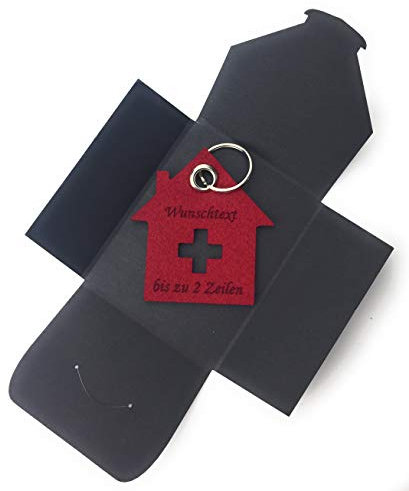 filzschneider Schlüsselanhänger aus Filz - Haus mit Kreuz - Bordeaux/dunkel-rot/Wein-rot - mit Namensgravur als besonderes Geschenk mit Öse und Schlüsselring - Made-in-Germany