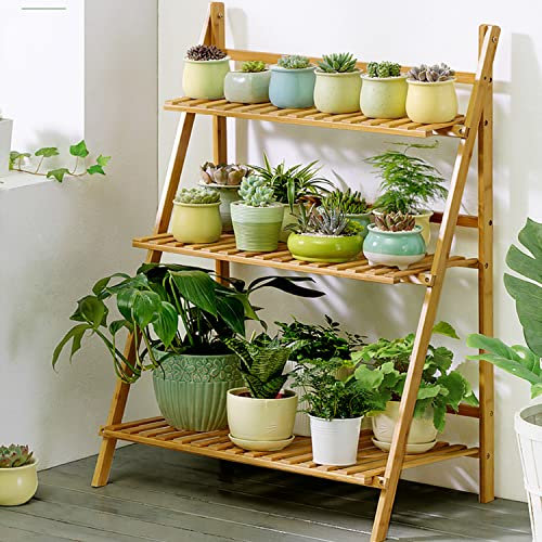 unho Scaffale Porta-fiori in Bambù, scaffale porta piante Pieghevole fioriera verticale a Scala 3 Strati scaffale per piante da esterno fioriera da esterno Scaffali Portaoggetti angolare 69x37x96,5cm