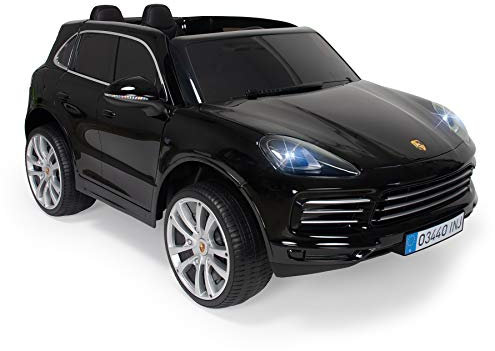 INJUSA - Porsche Cayenne S Elektroauto, 12V Batterie, Kinder ab 3 Jahren, Gaspedal, Funksteuerung, Rückwärtsgang, Sicherheitsgurt, Ledersitze, Gummiräder, Sounds, MP3 und LED-Licht, 6 km/h, Schwarz
