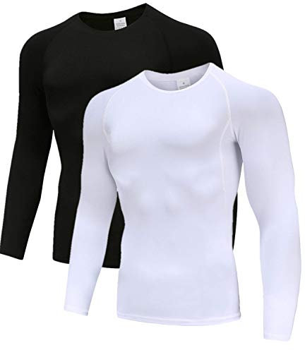 Holure Mens 2 Pack Base Layers Tops, Long Sleeve Gym Running Workout T Shirts for Men Black/White04-S