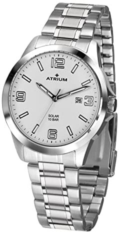 Atrium Herren-Armbanduhr Solar Edelstahl Analog 10 bar mit Edelstahl Armband und Datum Anzeige silberfarben A32-30