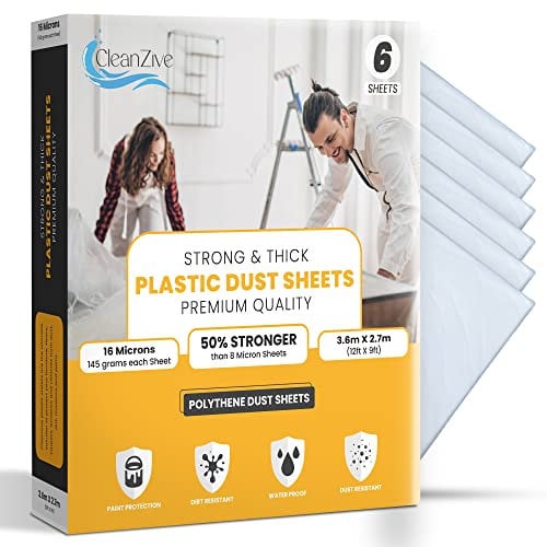 Large Dust Sheets for Decorating 6-Pack by CleanZive, 9ft x 12ft Clear Plastic Sheet for Furniture & Floor Protection, 16 Microns and 2X Stronger Dust Sheet Set for Painting & Covering (6)
