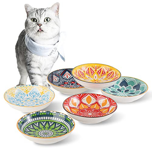 Katzennapf Keramik Futternapf Napf - 6er Set, Bunt - 250ml Kleine Katzen Fressnapf - Katzenschüssel Porzellan Futterschale - Flache Katzenteller - Katzenfutter Napfset - Ø14 x 3,5 cm