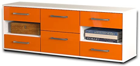 Lqliving TV-Board Lowboard Anni, Korpus in weiß matt, Front im Hochglanz-Design Orange (136x49x35cm), mit Metall Griffen, Made in Germany
