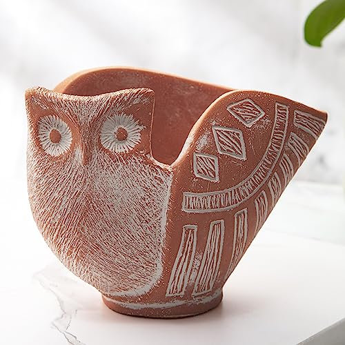 Wavy Studio Beton Eule Tier Pflanzgefäß, Rustikaler Vintage Stil Zement Pflanztopf für Haus & Garten, dekorativer Übertopf mit Drainageloch, Tier-Blumenvase & Gartenskulptur (groß, rot)