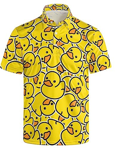 Herren 80er Jahre Golfshirt, Dry Fit, Performance, kurzärmelig, bedruckt, lustige 90er-Jahre Golf-Shirts für Herren, Ente Gelb, L