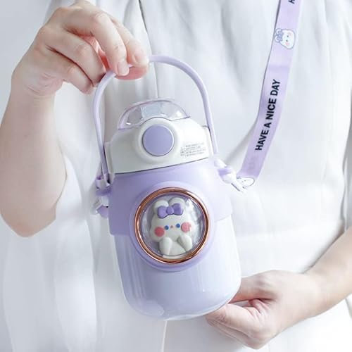 EHOTER Bouteille d'eau Kawaii Bouteille d'eau Kawaii en Plastique avec Paille étanche Et Facile à Nettoyer pour Filles Et Adolescentes pour Le Quotidien Les Sports De Plein Air Le Travail (Violet)