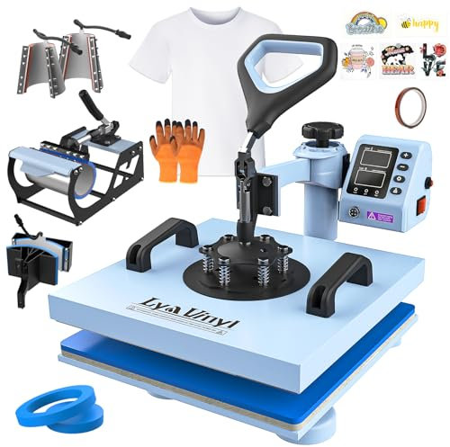 Lya Vinyl 38.1cm x 38.1cm Transferpresse Hitzepresse Maschine - 7 in 1 mit Swing-Away-Funktion. Geeignet für Sublimation, T-Shirts, Hüte, Kappen, Becher und Teller.