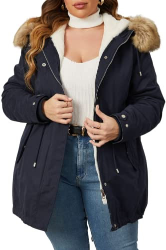 Geschallino Women's Plus Size 3-in-1 Winter Jacket Faux Fur Lined Thicken Parka Coat Warm Military Style Casual Outerwear with Zip Remove Inner 7626 Blue 4X