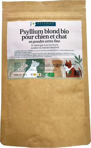 Psyllium Blond Bio en Poudre Extra-Fine 150G pour Chiens et Chats, 100% Naturel, Confort Digestif & Transit Intestinal, Constipation à mélanger à la Nourriture - ESTÉNAT