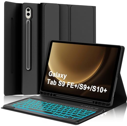 Hülle mit Tastatur für Samsung Galaxy Tab S9 FE+/ S9+/ S10+ Plus 12.4 Zoll | Tastatur für Samsung Galaxy Tab S9 FE+ mit 7 Farbige Beleuchtung Keyboard Case mit S Pen Halter, Schwarz