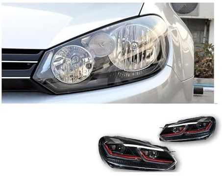 IEJPEQWW Auto Styling Kopf Lampe Kompatibel for VW Golf 6 Scheinwerfer 2009-2012 Golf 6 Scheinwerfer DRL Signal Lampe Bi xenon Auto Zubehör(Gti Red,RHD)