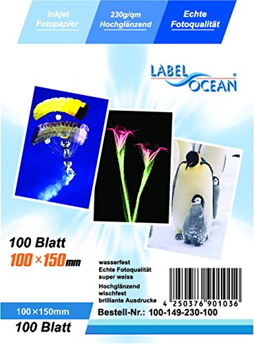 LabelOcean Premium Fotopapier 100 Blatt 10x15cm 230g/qm Highglossy hochglänzend wasserfest