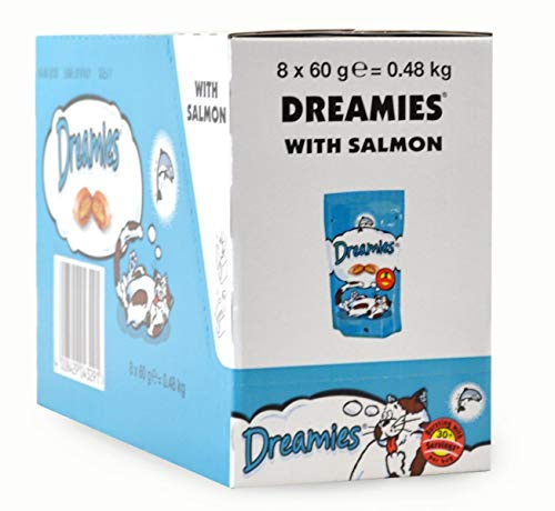 Dreamies Cat Treats, Tasty Snacks with Tempting Salmon, 8 Pouches of 60 g