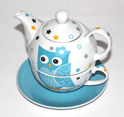 Tea for one Set 3-teilig Porzellan Teekanne mit Tasse und Untertasse in Geschenkbox (Blau)