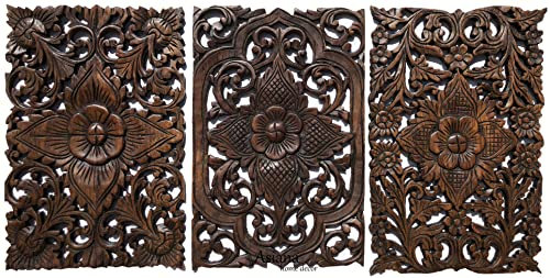 Set of 3. Wall Art Wood Carved Panel Floral Design. Tropical Wall Decor in Size 12x17.5x0.5 (Dark Brown)