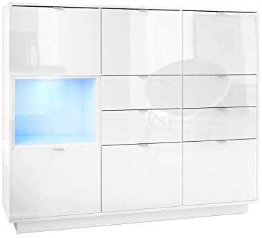 Vladon Highboard Sideboard Metro V2, Made in Germany, Korpus in Weiß Hochglanz/Fronten in Weiß Hochglanz mit Einsatz in Weiß Hochglanz, inkl. LED Beleuchtung