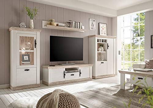 Newfurn Wohnwand Anbauwand Landhaus Wohnzimmerschrank Wohnlandschaft Mediawand Fernsehschrank II 310x201x 37-44 cm (BxHxT) II [Amelie.Three Concept] in Pinie Weiß/Oslo Pinie Wohnzimmer